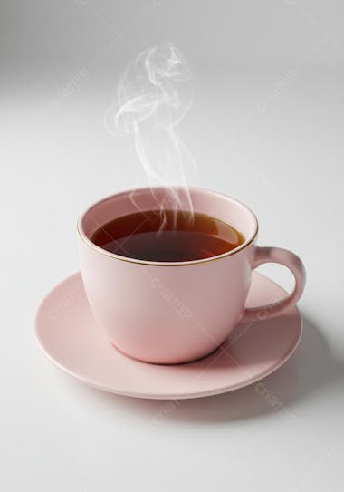 Image of a light pink teacup and saucer with hot tea. The cup has a gold detail on the rim. Steam rises from the drink, creating a cozy and relaxing atmosphere. Soft pastel colors are predominant.