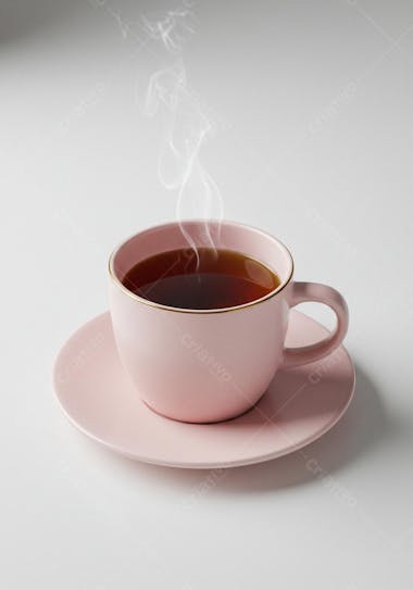 Light pink teacup and saucer with hot tea. Visible steam. Clean photography on white background. Soft and delicate colors. Calm and cozy atmosphere.