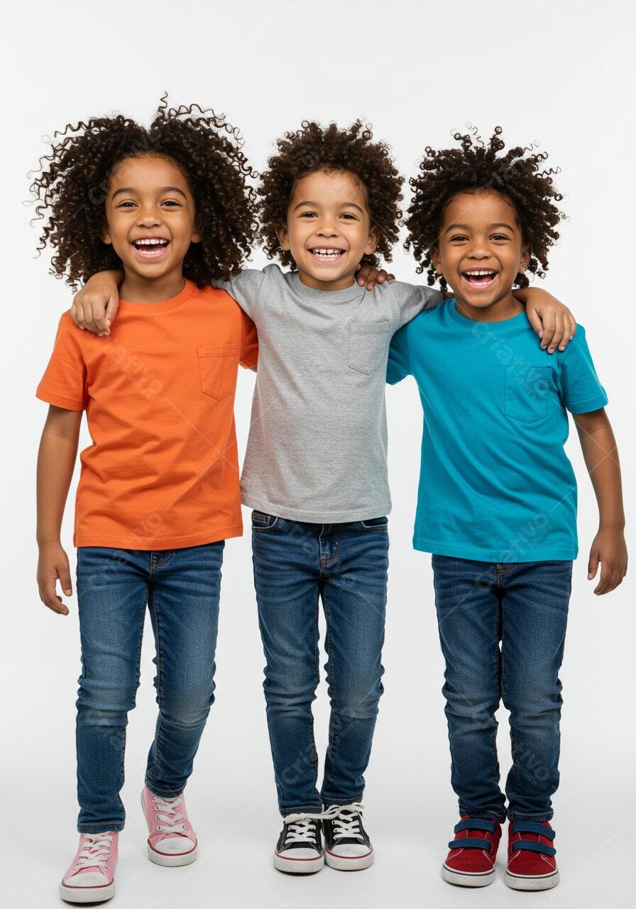Três crianças sorrindo usando roupas coloridas