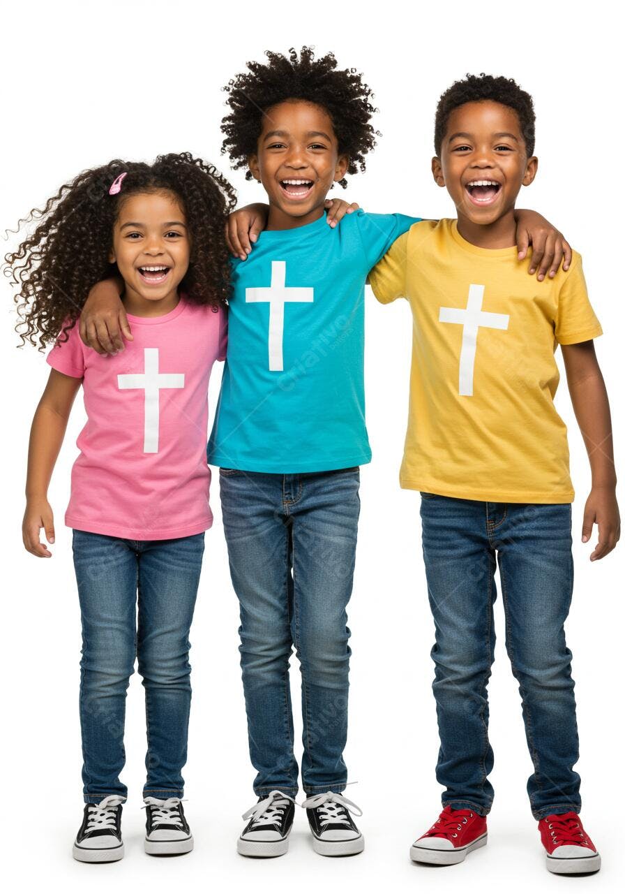 Crianças sorrindo com camisetas de cruz