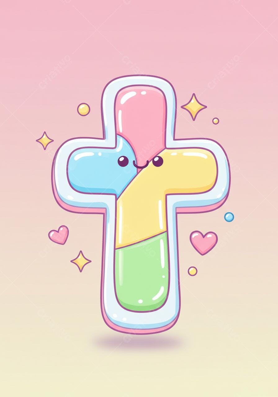 Cruz Kawaii colorida com corações