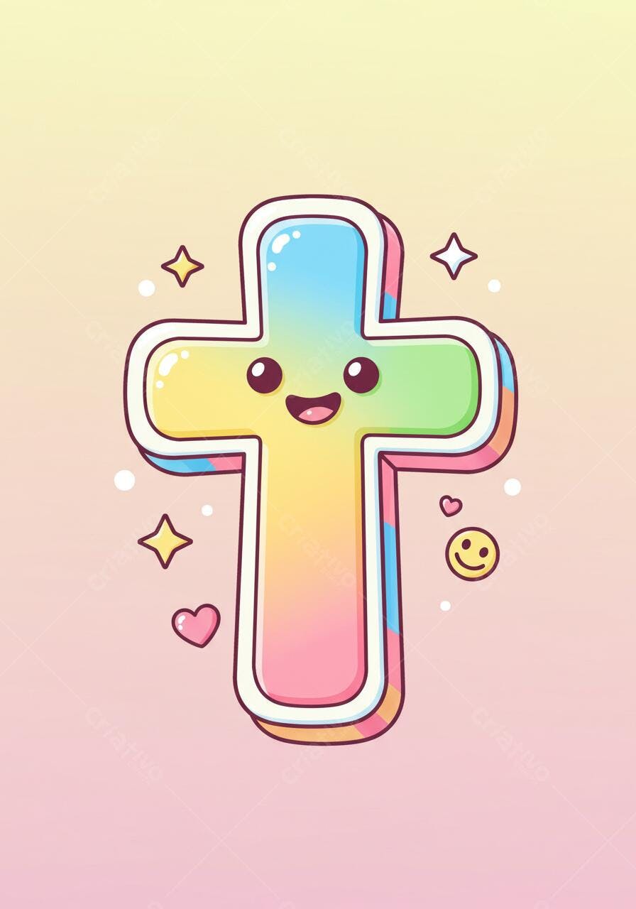 Cruz Kawaii Arco-íris Sorrindo