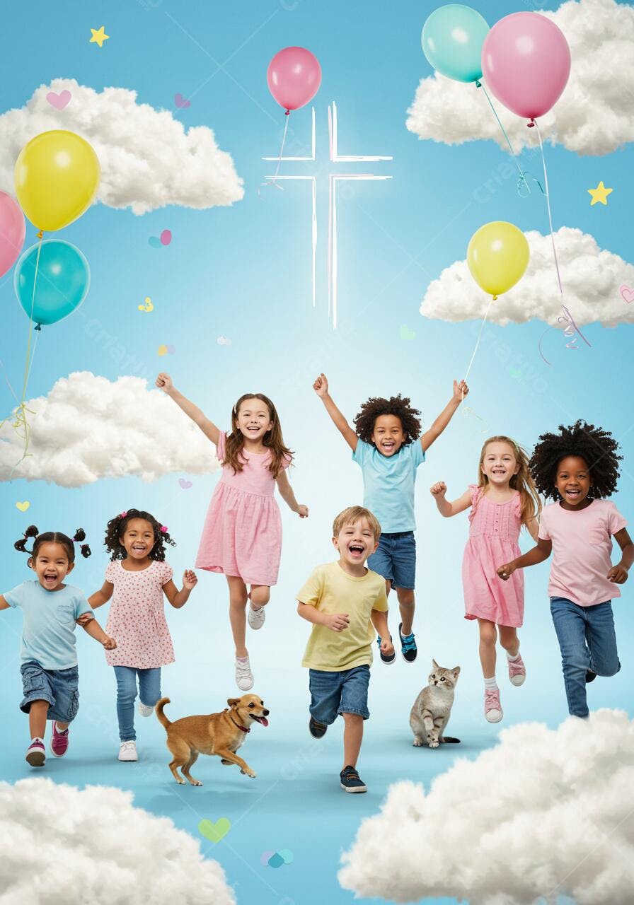 Crianças felizes pulando com animais de estimação