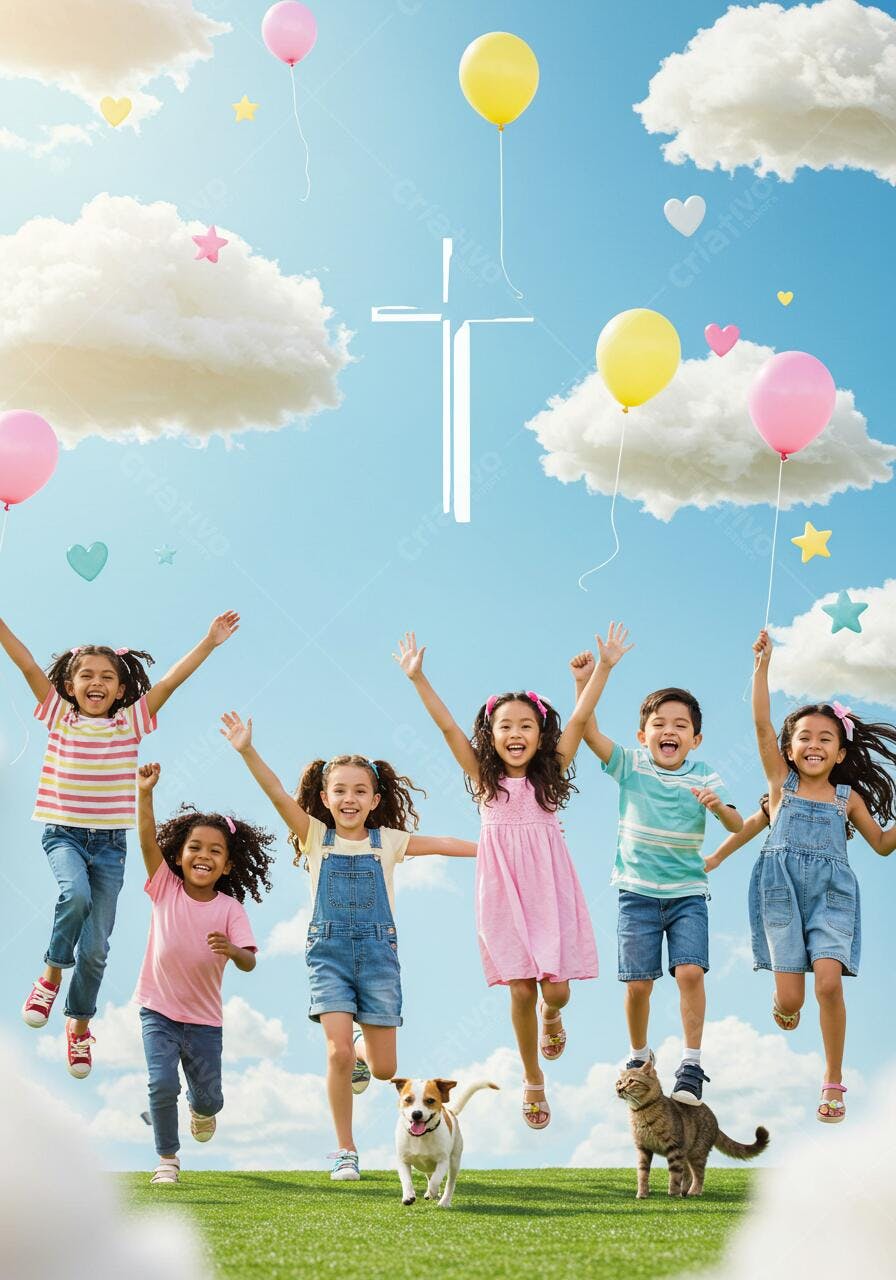Crianças felizes pulando com animais de estimação