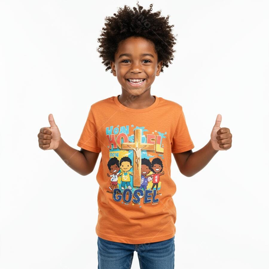 Criança negra sorridente com camiseta gospel