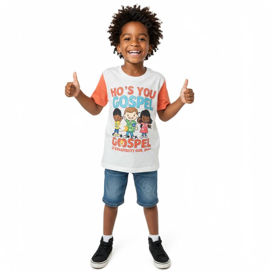 Criança negra usando camiseta gospel