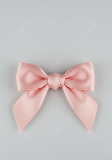 Image of a light pink ribbon bow, smooth and shiny texture, tied in a simple knot. Light gray neutral background. Even lighting, minimalist and clean style.