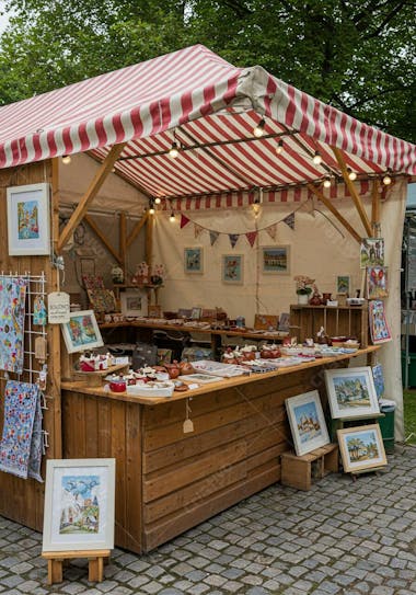 Rustic wooden stall with red and white striped awning. Displays crafts, ceramics, paintings and fabrics. Vibrant colors and cozy outdoor market atmosphere.