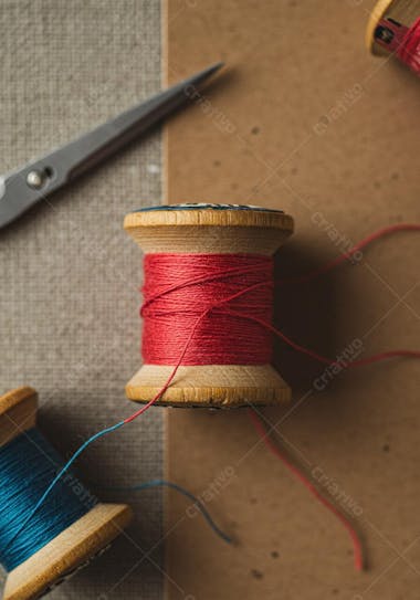 Overhead shot of two thread spools, one red and one blue, on wooden spools over a raw fabric and brown paper surface. Warm colors and earthy tones. Details in focus.