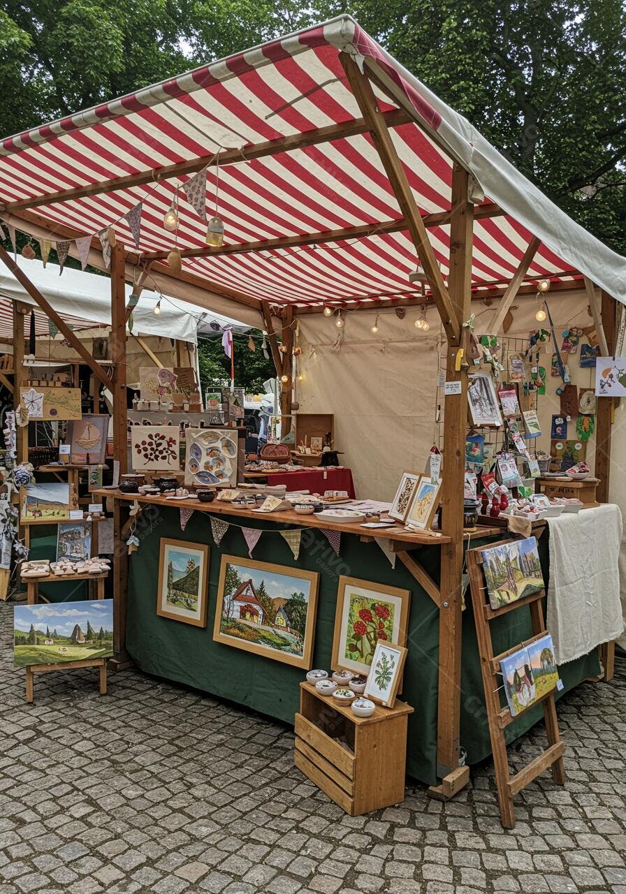 Banca de artesanato com pinturas em feira ao ar livre