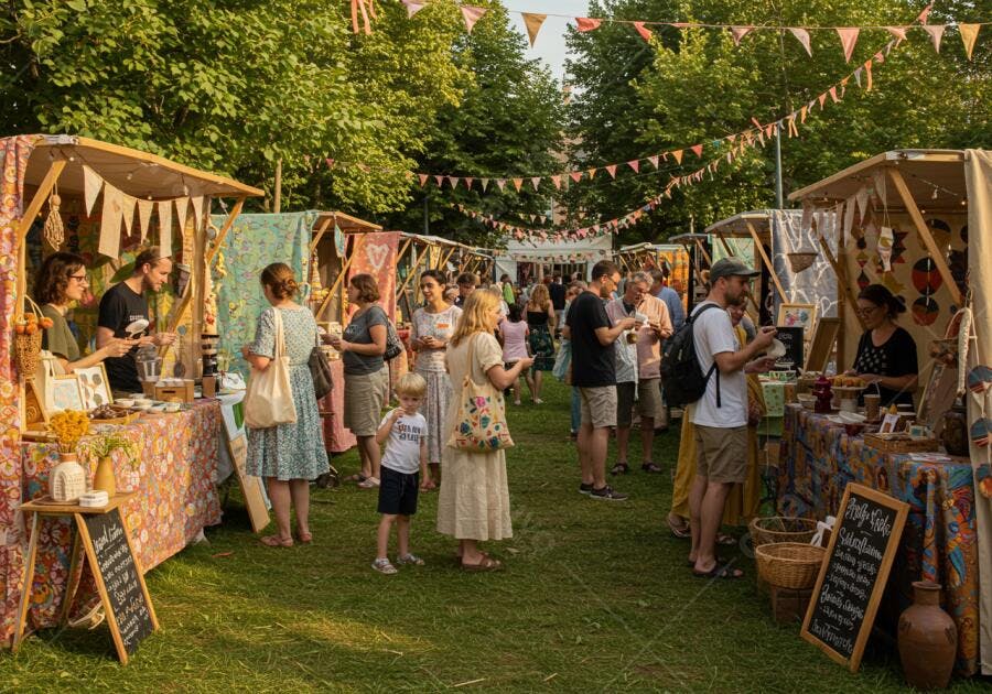 Feira artesanal ao ar livre dia ensolarado