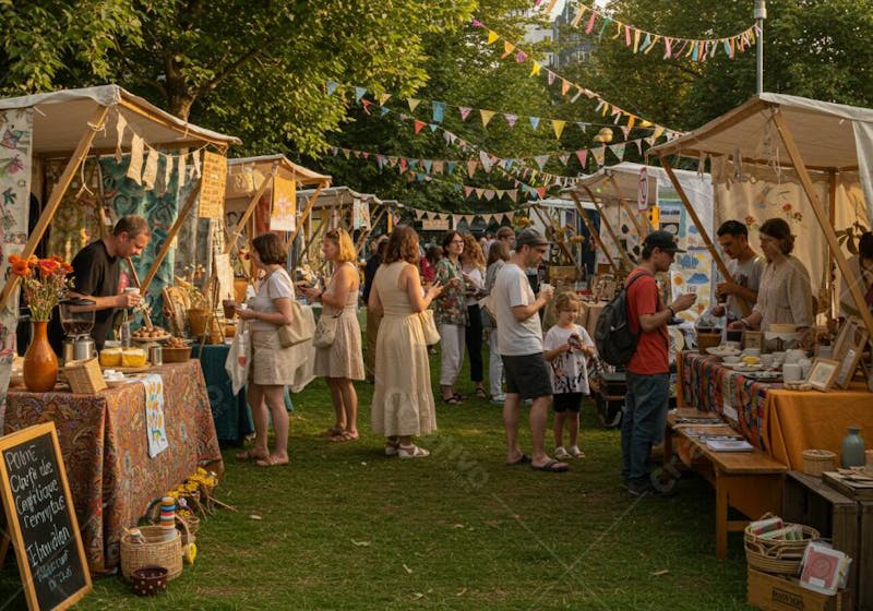 Vibrant scene of an outdoor artisan market on a sunny day. Warm tones of yellow, orange and beige dominate the stalls and people's clothing. Diverse people enjoy handcrafted products and chat. The atmosphere is relaxing and welcoming.