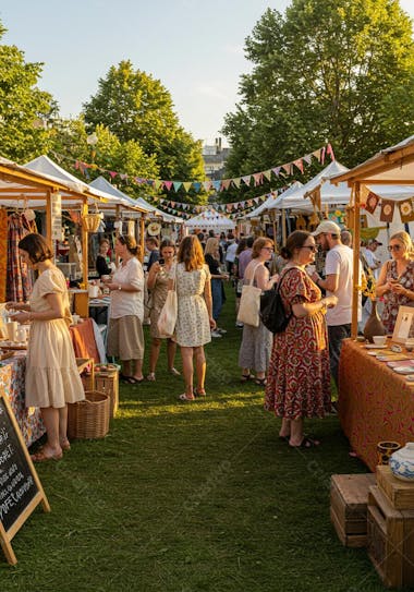 Image of an outdoor market in a grassy park, featuring wooden stalls and white awnings. People are wearing colorful clothes and enjoying a sunny day. Vibrant colors and cheerful atmosphere.