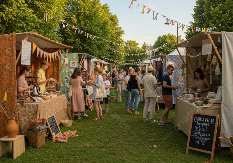 Image shows an outdoor artisan market on a green lawn. Warm, earthy color trends in stalls and clothing. People are strolling and buying handmade products. Cheerful and bustling atmosphere.