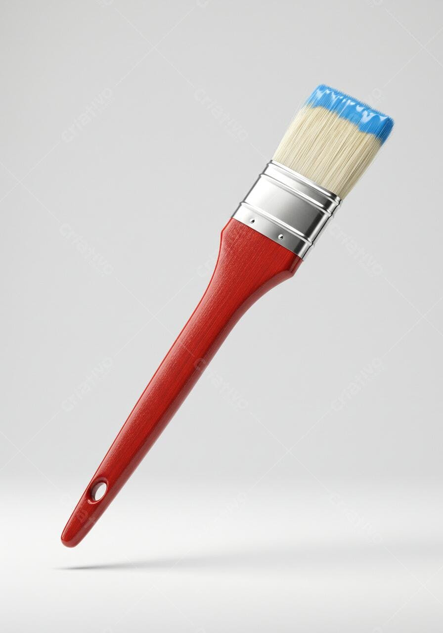 Pincel de pintura vermelho com cerdas e tinta azul