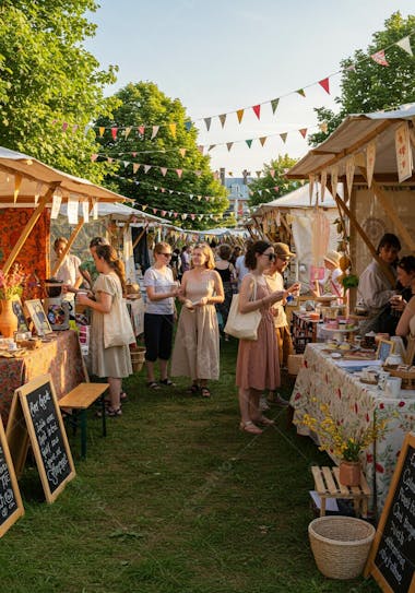 Vibrant scene of an outdoor market on a sunny day. Warm and pastel colors are predominant in the stalls and people's clothes. Colorful pennants and green grass create a cheerful and festive atmosphere. Composition focusing on stalls and people interacting.