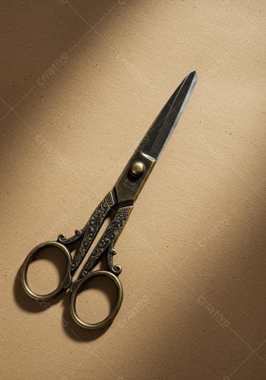 Antique scissors with gold details on a light brown kraft paper background. Soft lighting with shadows creating contrast. Floral carvings on the metal. Classic and elegant atmosphere.