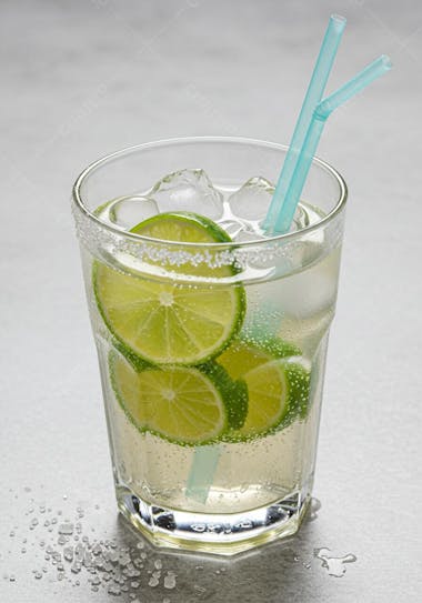 Glass of refreshing clear drink, lime slices, ice and sugar rim. Light and vibrant colors, with a light grey background. Fresh and inviting atmosphere.