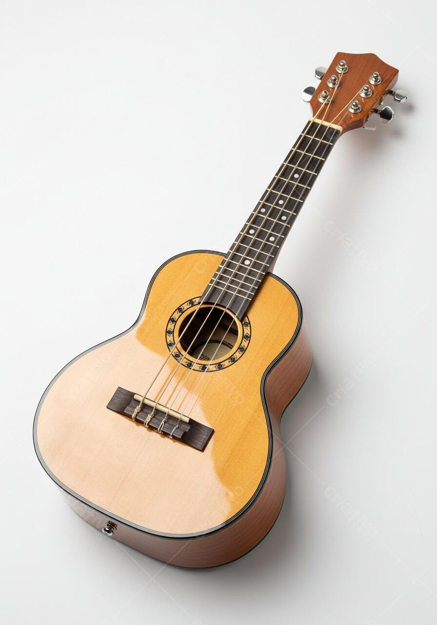 Ukulele de madeira natural sobre fundo branco
