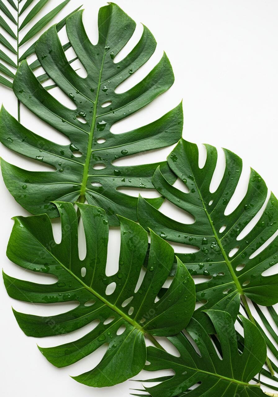 Folhas tropicais verdes com gotas d'água