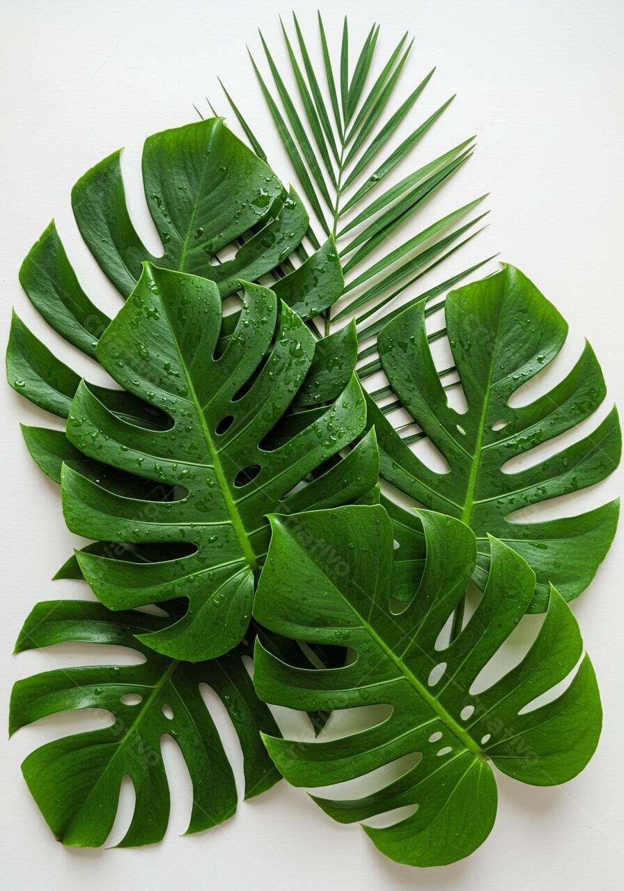 Folhas tropicais verdes sobre fundo branco