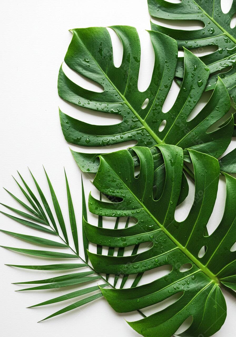 Folhas tropicais verdes com gotas d'água