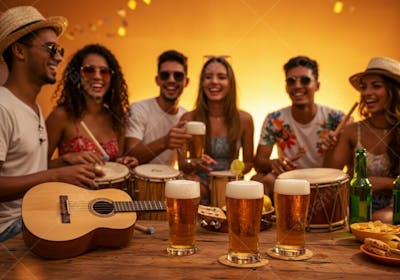 Amigos tocando música e bebendo cerveja em festa