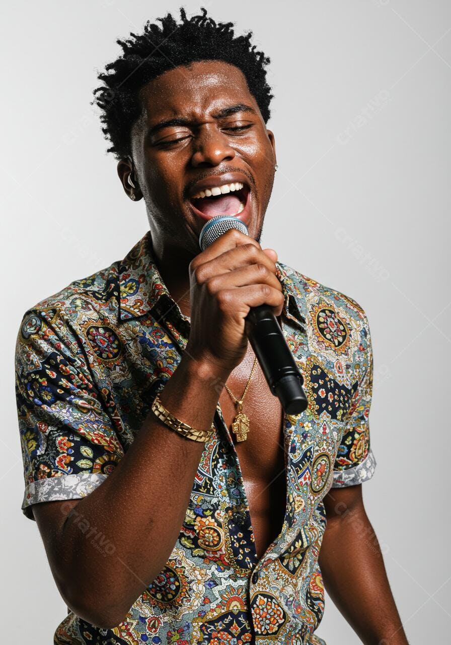 Cantor afrodescendente cantando ao microfone