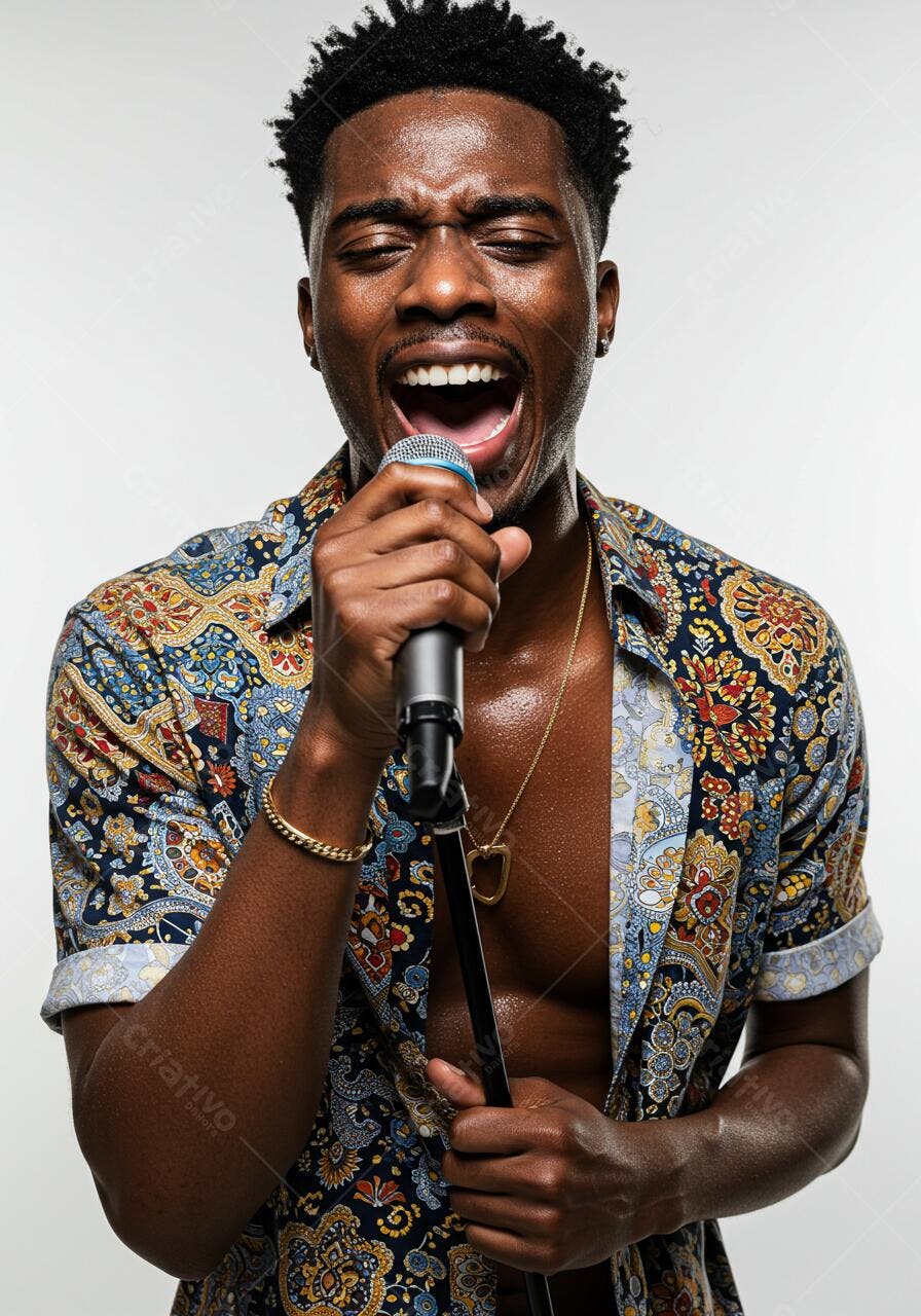 Cantor Afrodescendente cantando ao microfone