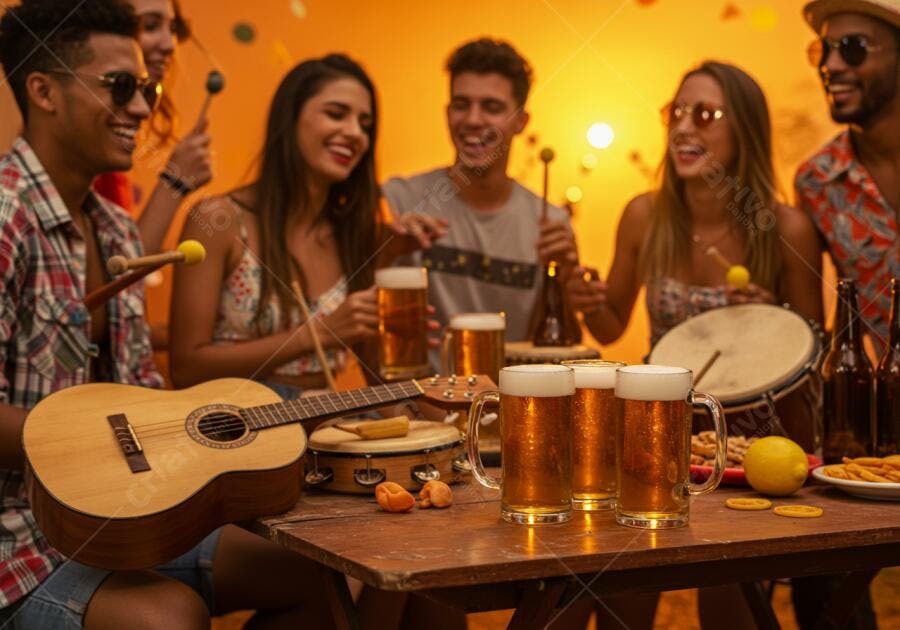 Amigos tocando música e bebendo cerveja em festa