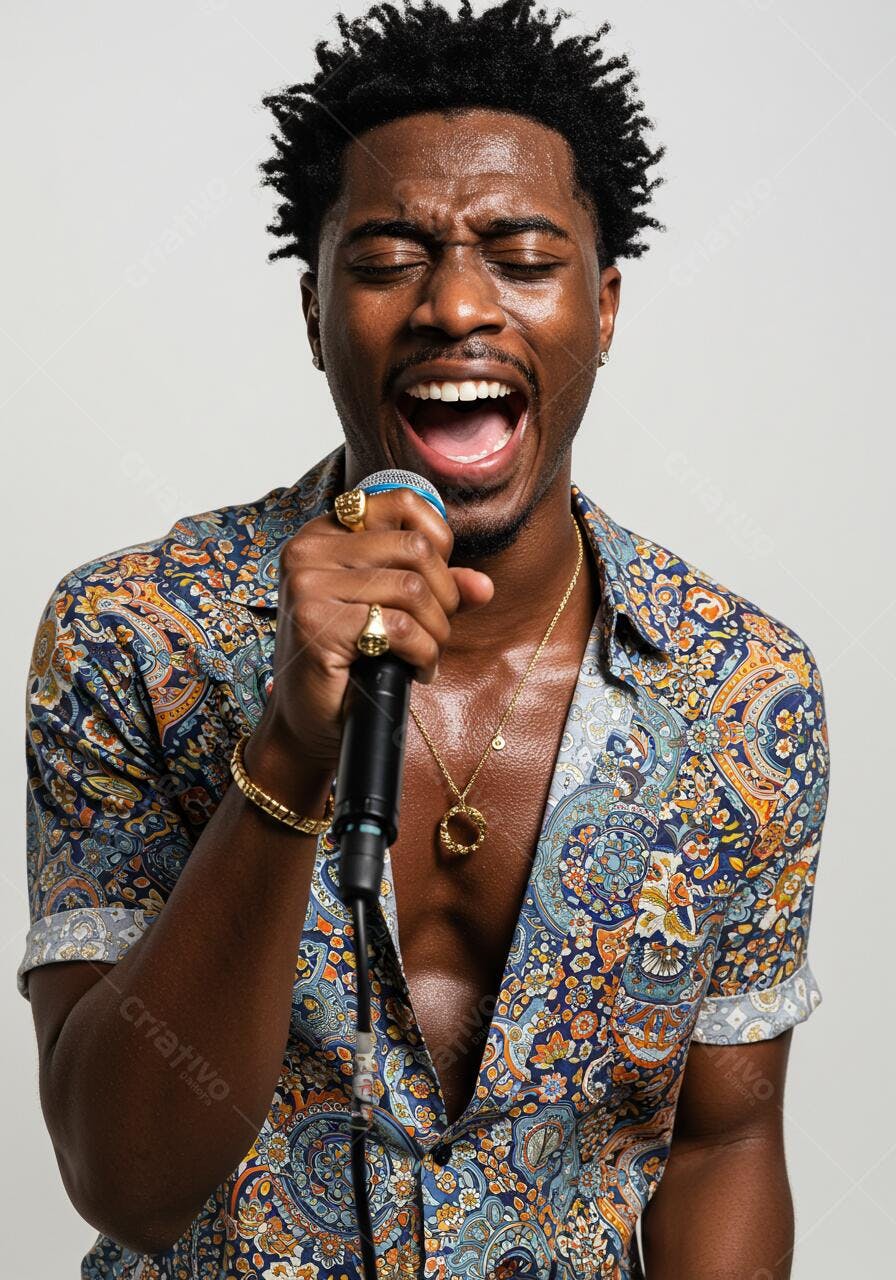 Cantor afrodescendente cantando ao microfone