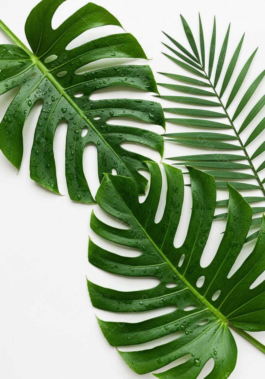 Folhas tropicais verdes com gotas d'água