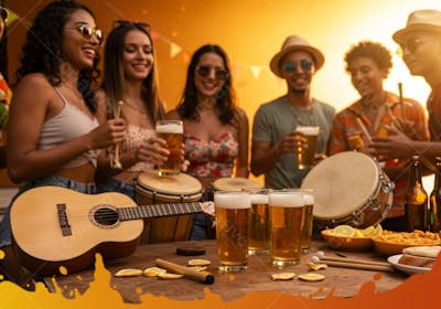 Grupo de amigos em festa com cerveja e música