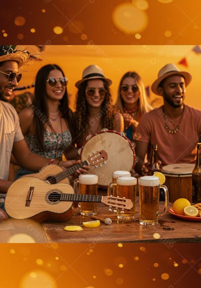 Amigos tocando música e bebendo cerveja ao entardecer