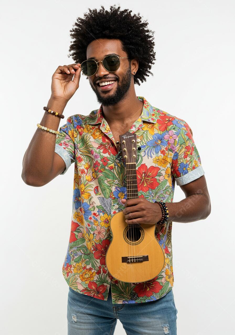 Homem negro com ukulele camisa floral