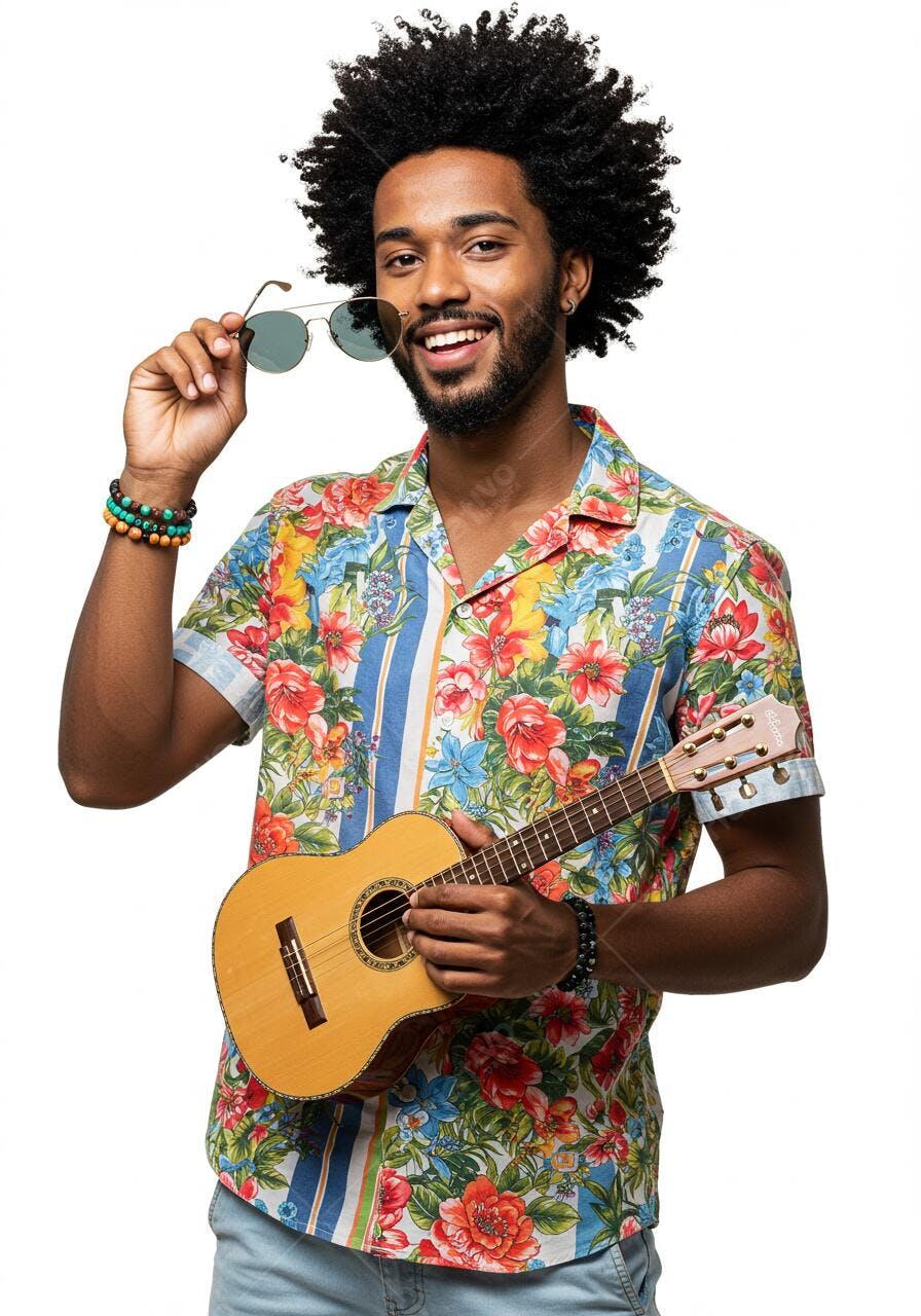 Homem Afro com Ukulele e camisa havaiana