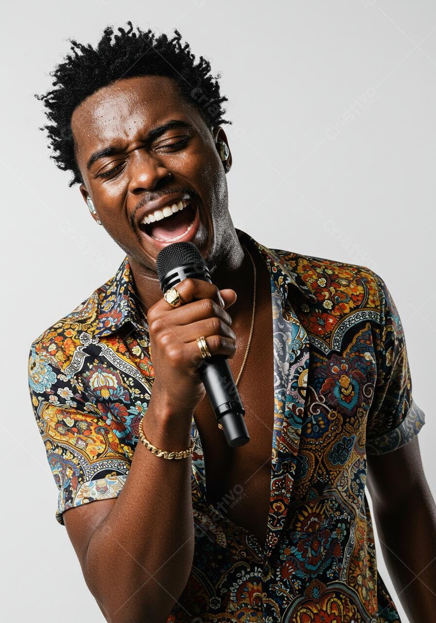 Cantor Afrodescendente cantando ao microfone