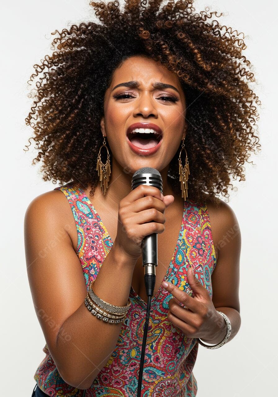 Cantora negra cantando ao microfone