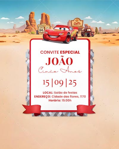 Convite de Aniversário Carros PSD Editável