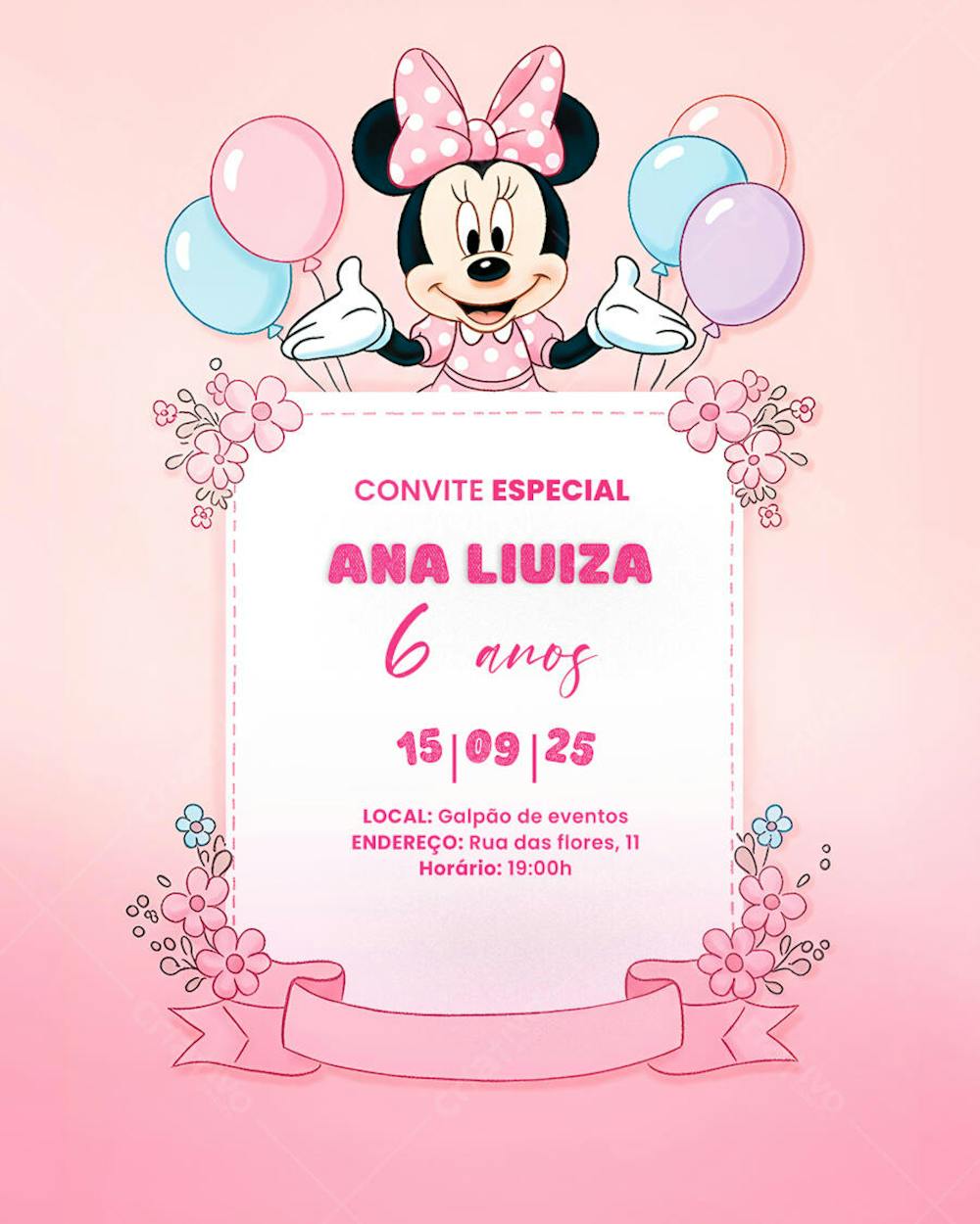 Convite Aniversário Infantil Minnie Miney Social Media PSD Editável (1)