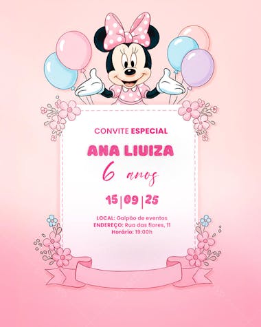 Convite Aniversário Infantil Minnie Miney Social Media PSD Editável (1)