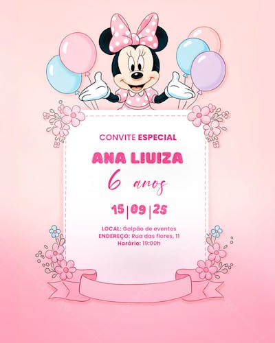 Convite de Aniversário Minnie Rosa PSD Editável