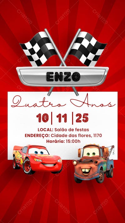 Convite de Aniversário Infantil Carros PSD Editável