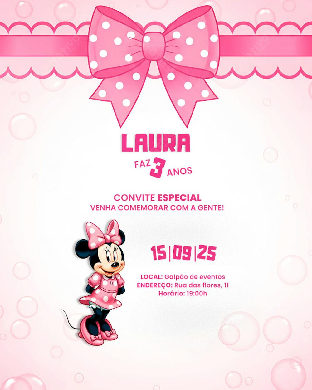 Convite Aniversário Infantil Minnie Miney Social Media PSD Editável (2)