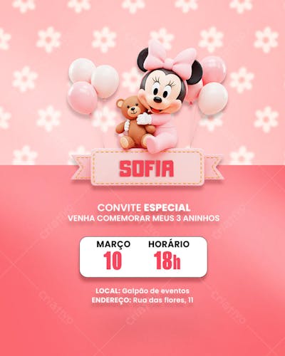 Convite de Aniversário Infantil Minnie PSD Editável