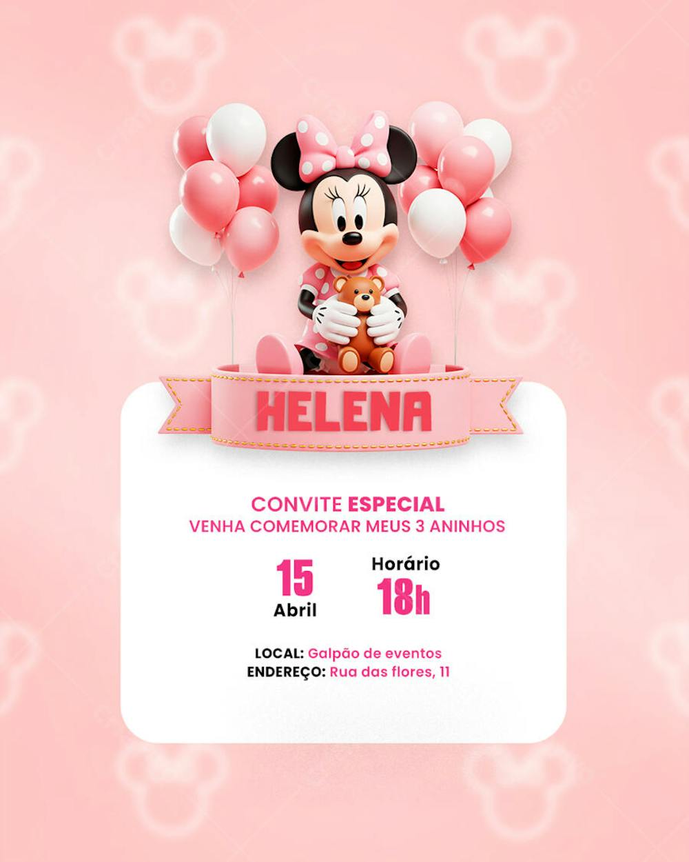 Convite Aniversário Infantil Minnie Miney Social Media PSD Editável (4)
