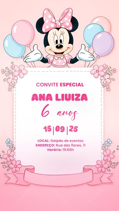 Convite Aniversário Infantil Minnie Miney Social Media PSD Editável (6)