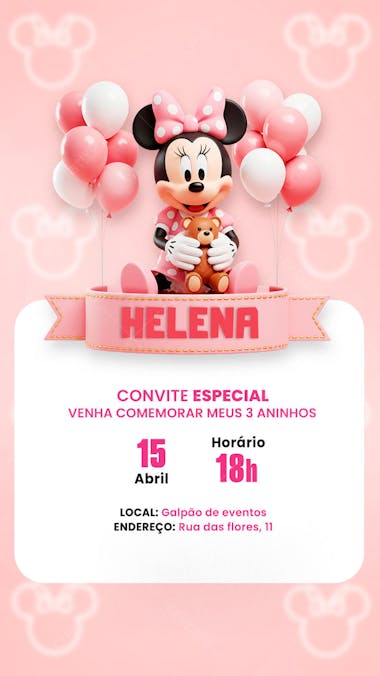 Convite Aniversário Infantil Minnie Miney Social Media PSD Editável (9)