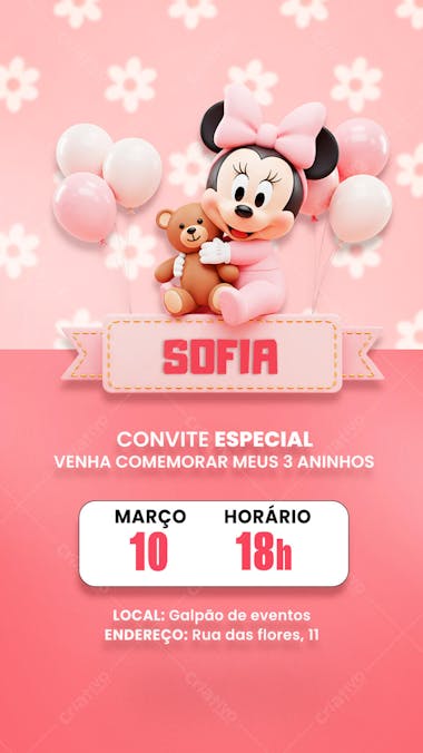 Convite Aniversário Infantil Minnie Miney Social Media PSD Editável (10)