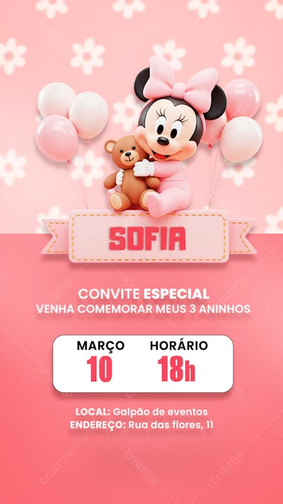 Convite de Aniversário Minnie Rosa PSD Editável